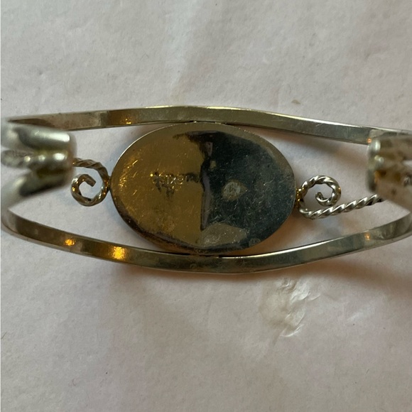 VINTAGE ALPACA MEXICO Blue Flower MOTHER OF PEARL Shell Mosaic CUFF BRACELET - Picture 10 of 12